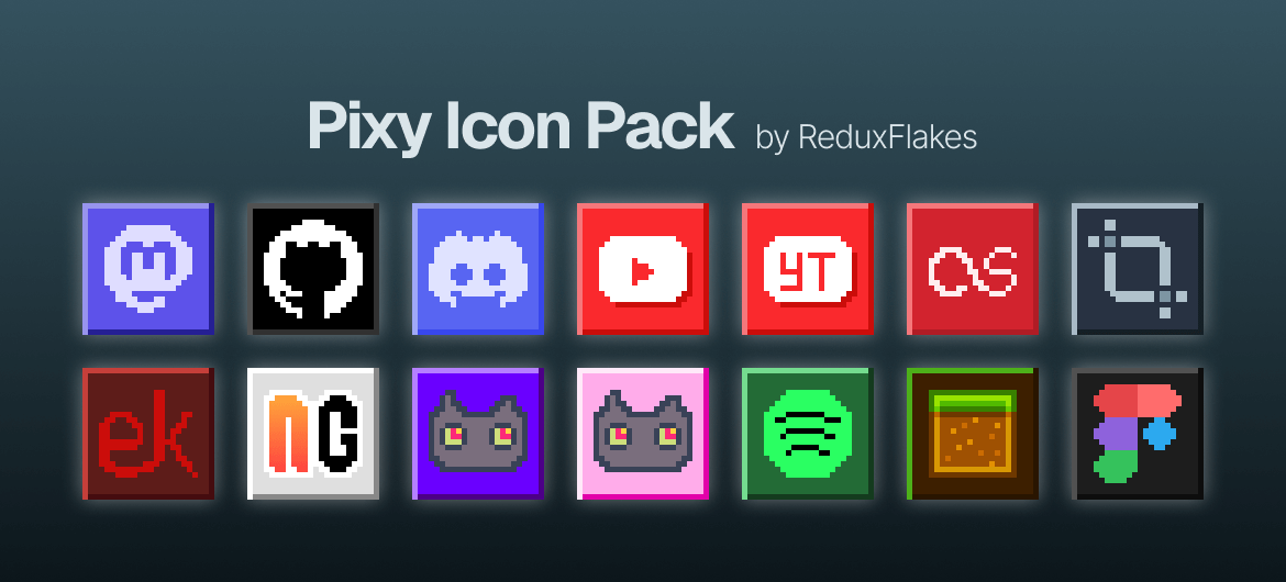A banner showcasing all the icons included in the Pixy Icon Pack in a 2 row column each containing 7 icons.